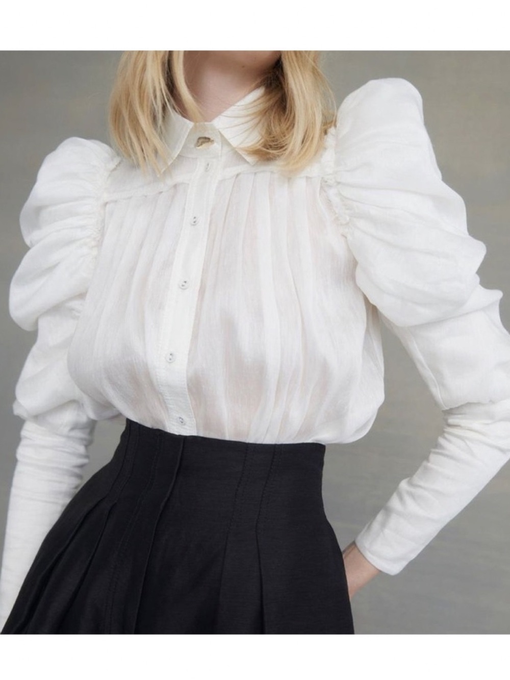 Aje White Puff-Sleeve Pleated Button-Down Top